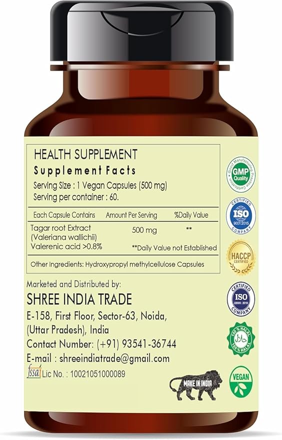 Tagar Extract 500mg - 60 Vegetarian Capsules | Valeriana Wallichii | All Natural | 100% Vegan | Gluten-Free.