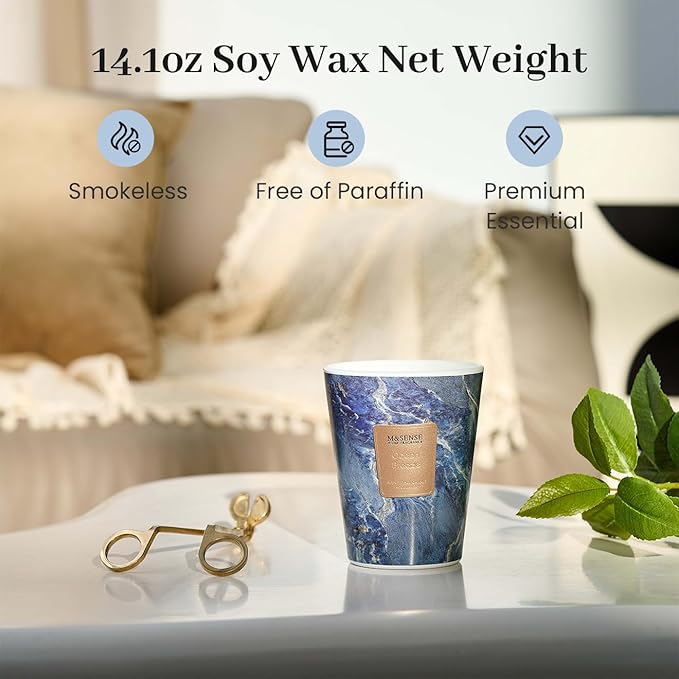 M&SENSE Ocean Breeze Scented Soy Candle, 3 Wick Highly Scented 14.1 Oz 80H, Aromatherapy Christmas Gift for Women and Men
