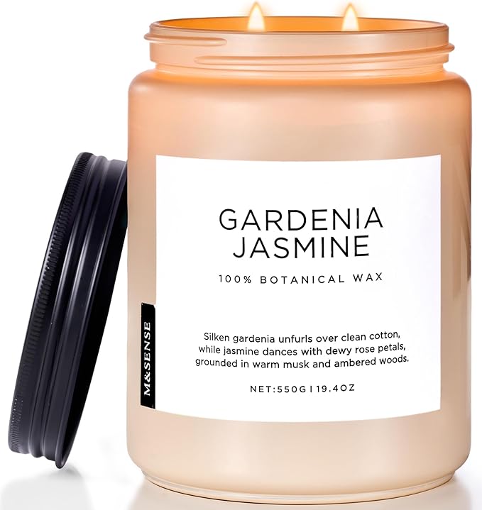 M&SENSE Gardenia Jasmine Scented Candle, 110 Hours Slow Burning Clean Non Toxic 19.4oz 2 Wicks Highly Scented Aromatherapy Candle for Housewarming Gifts, Long Lasting Fragrance for Bath & Office