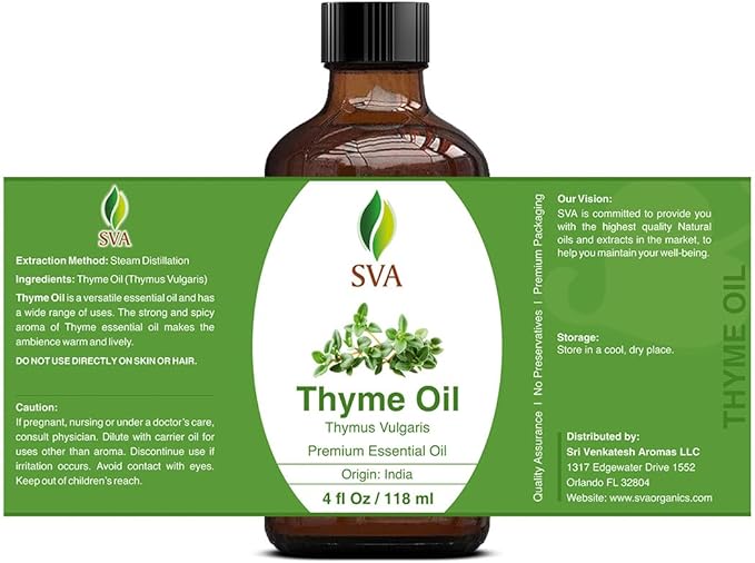 SVA Thyme Essential Oil – 4 Fl Oz – 100% Natural Thyme Oil - for Diffuser, Hair Care, Face, Skin Care, Aromatherapy, Scalp and Body Massage, Soap and Candle Making – with Dropper