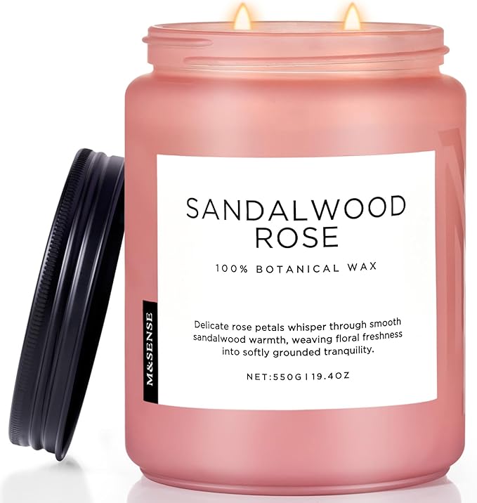 M&SENSE Sandalwood Rose Scented Candle 19.4oz 110 Hours Long Lasting Burn Natural Soy Wax Strong Scented Candle for Home, 2 Wick Home Fragrance Slow Burning Housewarming Gifts for Men Women