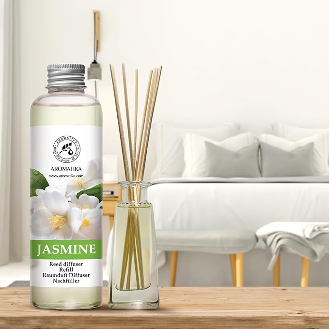 AROMATIKA Jasmine Essential Oil 200ml - Natural Reed Diffuser Refill for Long-Lasting Fragrance - Jasminum Officinale Oil - Air Freshener for Home, Office, Spa, Salon, Restaurant, Cafe, Bar