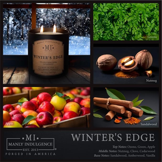Manly Indulgence Winters Edge Scented Candles for Men, 2 Wick, 16.5 oz Premium Soy Blend Wax, 60H Burn, Candles for Home Scented - Made in The USA