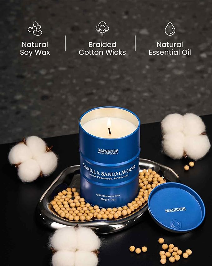 M&SENSE Vanilla Sandalwood Scented Candles Natural Non Toxic, Aromatherapy Candle for Stress Relief Meditation Relaxing, Housewarming Gifts for Women Men, 11.3oz 70 Hour Long Burning