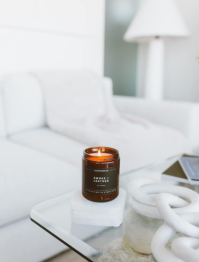 Calyan Wax Co. Smoke & Leather Scented Candle - 57 Hour Burn - Luxury Non Toxic Soy Wax Candles - Long Lasting Amber Glass Jar Candle for Home - 7.2oz