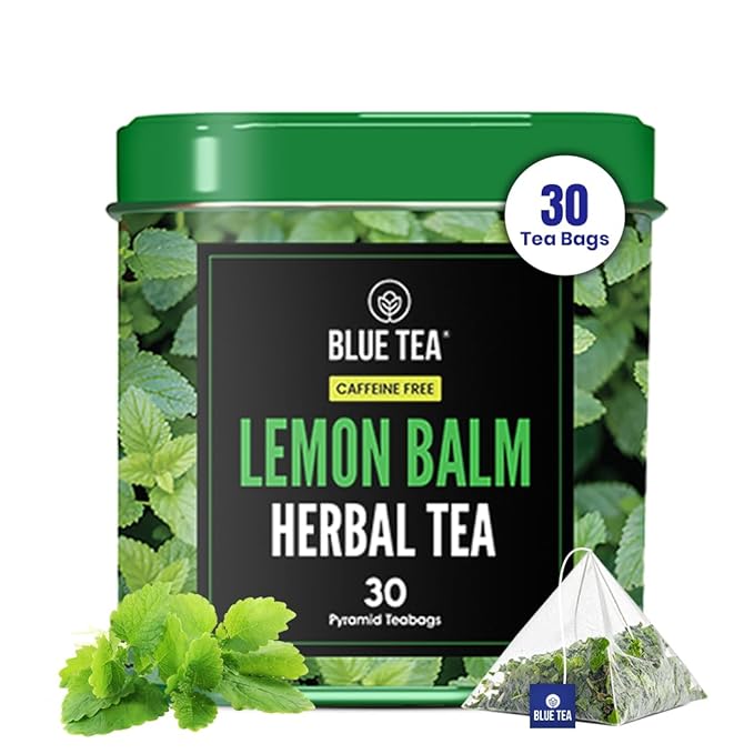 BLUE TEA - Lemon Balm Tea - 30 Count - Pyramid Plant Based Tea Bag | RELIEVES STRESS - IMPROVES DIGESTION | Reduces Bloating | Refreshing Citrus Flavour - Leaf Based - Caffeine Free | Tin Pack