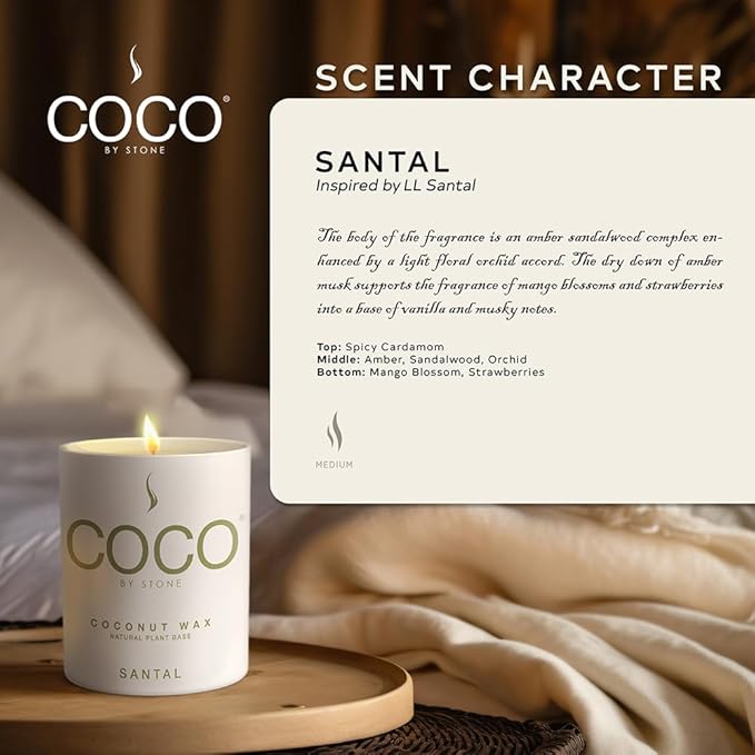 COCO by Stone 6.5oz Candle, Coconut Apricot Wax Candle for Home (Santal) Home Fragrance Products, 1 Wick Candle, Enhance Indoor Aroma, Vegan & Cruelty-Free, Clean Burning and Hand Poured Candle