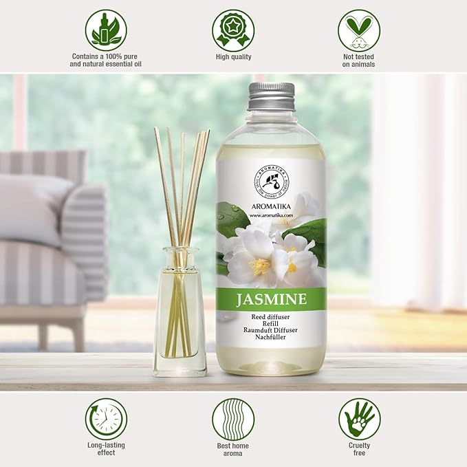 Jasmine Reed Diffuser Refill w/Natural Essential Jasmine Oil 17 Fl Oz - Fresh & Long Lasting Fragrance - Scented Reed Diffuser Oil Refill - Best for Aromatherapy - SPA - Home