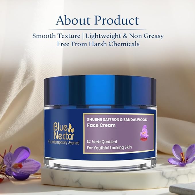 Blue Nectar Face Cream for Women for Aging Skin | Ayurvedic Daily Face Moisturizer for Women with Kumkumadi Saffron Oil for Skin | Hydrating Day & Night Cream (14 Herbs, 1.76 Oz)