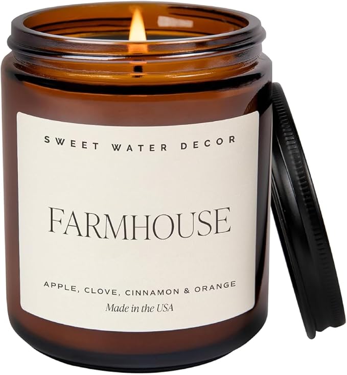 Sweet Water Decor Farmhouse Soy Candle - Apple, Orange, Pumpkin and Clove Scented Fall Candles for Home - 9oz Amber Jar + Black Lid, 40+ Hour Burn Time, Made in The USA
