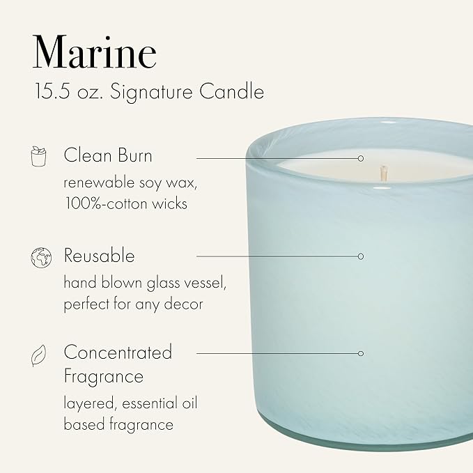 LAFCO New York Signature Candle, Marine - 15.5 oz, 2 Pack - 90-Hour Burn Time - Reusable, Hand Blown Glass Vessel - Made in The USA