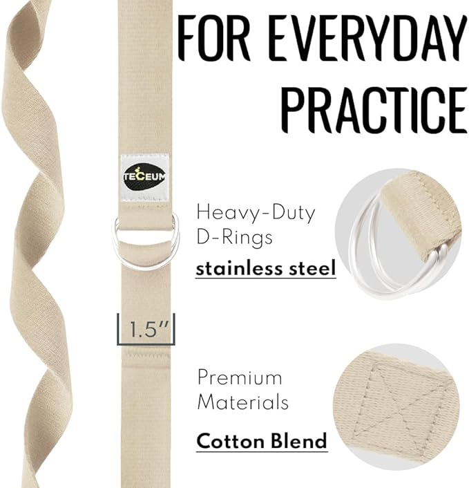 TECEUM Yoga Strap & Mat Strap – 2 IN 1 – Cotton – 6 ft 8 ft 10 ft (30+ colors) – Adjustable Non-Slip Belt for Yoga, Pilates, Stretching, Physical Therapy, Fitness & Home Workout – For Carrying Mats