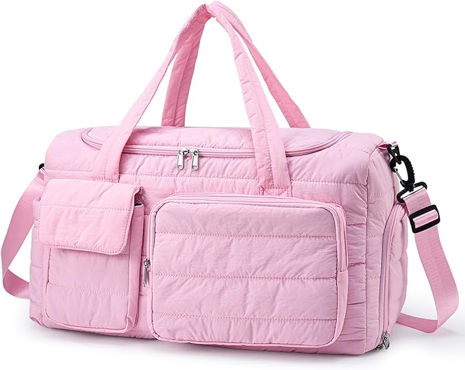 Quilted Gym Bag for Women, Cute Travel Duffel Bag with Shoe Compartment & Wet Pocket, Lightweight Puffer Weekender Overnight Bag, Travel Carry On for Sport, Hospital, Yoga