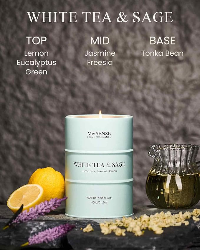 M&SENSE White Tea Sage Scented Candles Large, Natural Soy Candles 21.2oz 120 Hour Slow Burning,Aromatherapy Candle for Stress Relief Meditation Relaxing