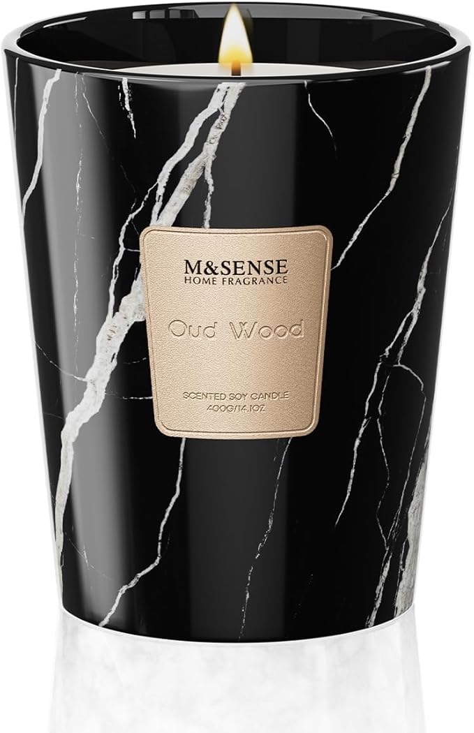 M&SENSE Oud Wood Scented Soy Candle, 3 Wick Highly Scented 14.1 Oz 80H, Aromatherapy Christmas Gift for Women and Men