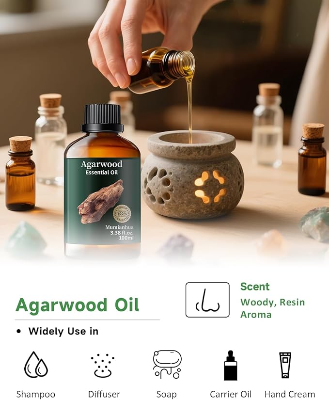 Agarwood Essential Oil, Mumianhua Natural Aromatherapy Agarwood Oil for Aromatherapy, Diffuser, Spray, Skin, Hair Care, Massage, Soap, Candle Making, Perfume 3.38 Fl Oz