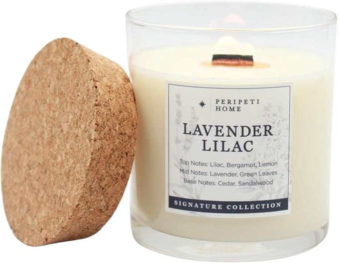 PERIPETI Home Lavender + Lilac Scented Candle - Wooden Wick, 8.5oz Natural Soy Wax for Soothing Aromatherapy - Long-Lasting Relaxing Fragrance for Home or Spa