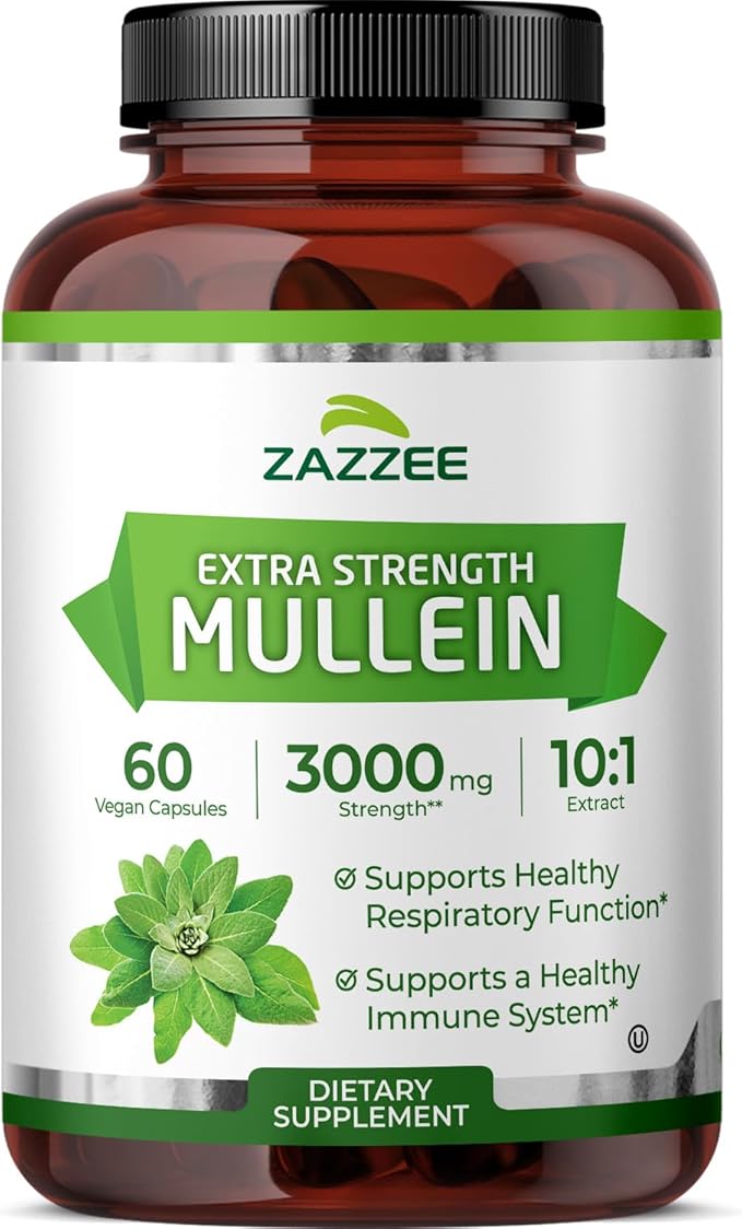 Zazzee Extra Strength Mullein 10:1 Extract, 3000 mg Strength, 60 Vegan Capsules, 2 Month Supply, Standardized 10X Extract, 100% Pure Leaf Powder, All-Natural and Non-GMO, Made in The USA