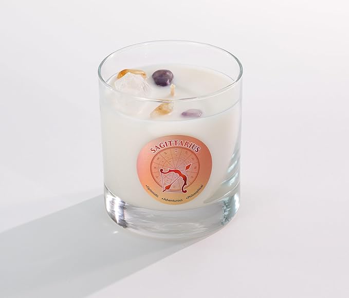 Luxury Glass Jar Candle, Sagittarius Zodiac Sign, 8.8 oz - Crystal Infused - Scents of Scent:Pomegranate, Peppercorn, Cedar, & Patchouli - Coconut-Soy Wax, Essential Oil, Dr. Developed