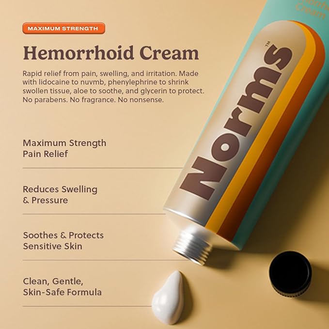 Norms Hemorrhoid Treatment Cream, Max Strength 5% Lidocaine, Rapid Relief for Hemorrhoidal Pain, Swelling, Itching, with Phenylephrine HCL, Aloe & Glycerin – Big Squeeze 2oz Tube