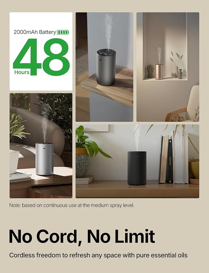Waterless Essential Oil Diffuser, Rechargeable Scent Diffusers with 3 Mist Levels & Timers, Portable Aromatherapy Diffuser for Home Car Room Studio Office, Iron Grey Metal