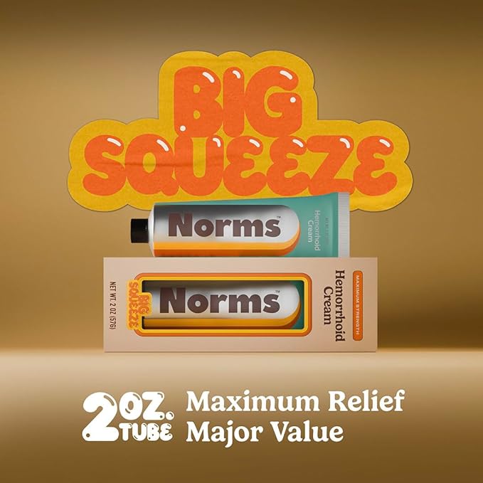 Norms Hemorrhoid Treatment Cream, Max Strength 5% Lidocaine, Rapid Relief for Hemorrhoidal Pain, Swelling, Itching, with Phenylephrine HCL, Aloe & Glycerin – Big Squeeze 2oz Tube