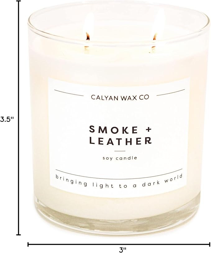 Calyan Wax Co. Smoke & Leather 2 Wick Scented Candle - 37 Hour Burn - Luxury Non Toxic Soy Wax Candles - Long Lasting Large Glass Jar Candle for Home - 8.8oz
