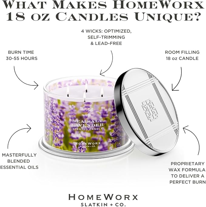 HomeWorx by SLATKIN + CO. Candle- Sea Salt Lavender, 18 oz. 4-Wick Premium Scented Candle - 30-55 Hours Burn Time