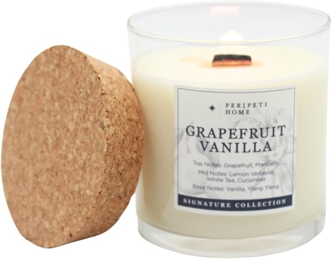 PERIPETI Home Grapefruit + Vanilla Soy Candle - Long-Lasting Scented Candle with a Wooden Wick for Relaxing Aromatherapy - 8.5oz Natural Wax for Home, Spa, or Gift