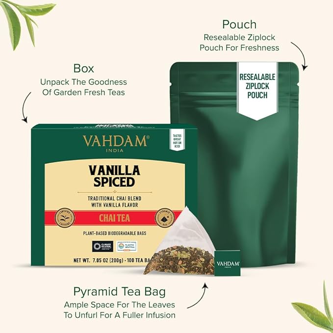 VAHDAM, Vanilla Spiced Chai Tea | 100 Tea Bags | Delicious Blend of Vanilla Masala Chai | Brew Hot, Cold or Iced