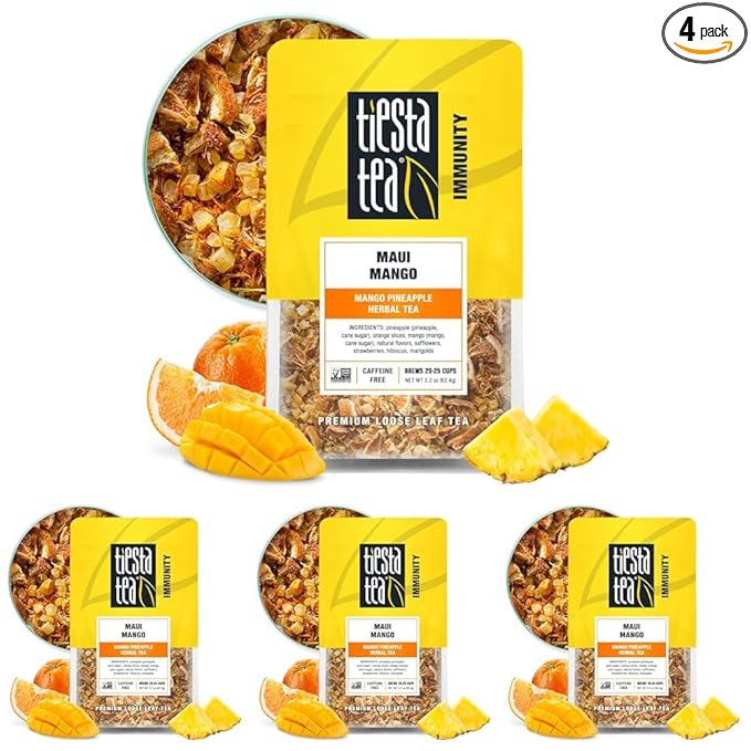 Tiesta Tea - Maui Mango Mango Pineapple Herbal Tea Premium Loose Leaf Tea Blend Non-Caffeinated Fruit Tea Make Hot or Iced Tea & Brews Up to 25 Cups - 2.2 Ounce Resealable Pouch (Pack of 4)
