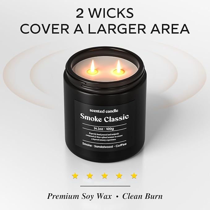 Candles for Men, 14.1 oz Scented Candles for Home, 2 Wicks Blended Scents Birthday Candles Gifts for Dad, Teacher, Boyfriend (Smoke+Sandalwood+Coffee)