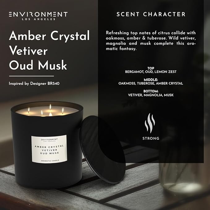 Environment Inspired by Designer Perfume BR540 Candle, 55oz Luxury Coconut Wax Candles for Home (Amber Crystal | Vetiver | Oud Musk) Home Fragrance Products, 4 Wick Candle, Vegan & Cruelty-Free
