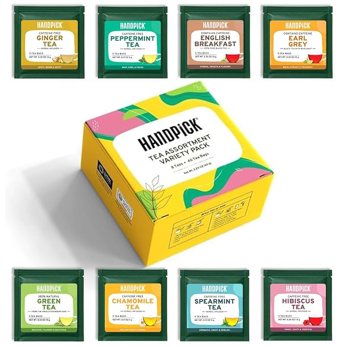 HANDPICK, Tea Bags Sampler Assortment Variety pack Gift Box 8 Flavors, 40 Tea Bags - Perfect Variety | English Breakfast, Green, Black, Herbal & More | Gifts for Him/Her | Sampler, Assortment, Variety pack, Gift Box