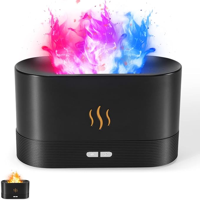 Colorful Flame Air Aroma Diffuser Humidifier, Upgraded 7 Flame Colors Noiseless Essential Oil Diffuser for Home,Office,Yoga with Auto-Off Protection 180mL (8Hours Black)