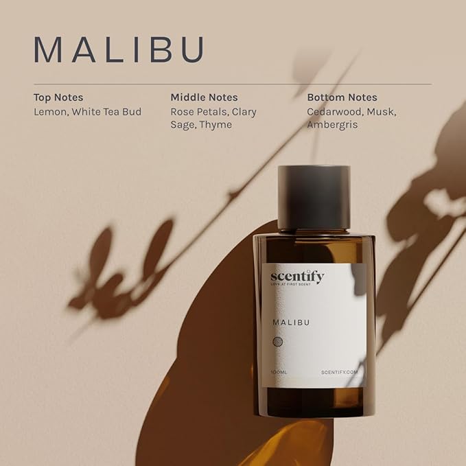 Scentify Malibu Aroma Oil Refill Scent for Oil Diffusers - Lemon, White Tea, Thyme, Cedar, Musk Scents - Luxurious Relaxing Aromatherapy Diffuser Fragrance 100ml, 3.38 oz