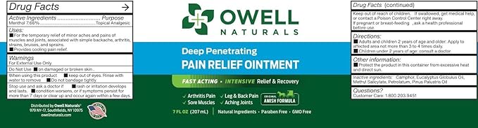 OWELL NATURALS Pain Relief Ointment Deep Penetrating Fast Acting Formula for Arthritis, Joint & Muscle Discomfort, Stiffness, Long-Lasting Soothing Balm, 3.5 oz