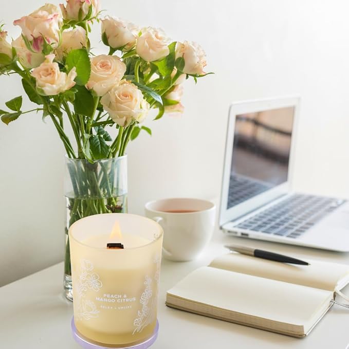 Peach Mango Citrus Scented Candle - Large Wood Wick Soy Candle 10.6 oz - Relaxing Aromatherapy Candle for Home - Highly Scented, Long-Lasting, Clean Burn, Strong Throw