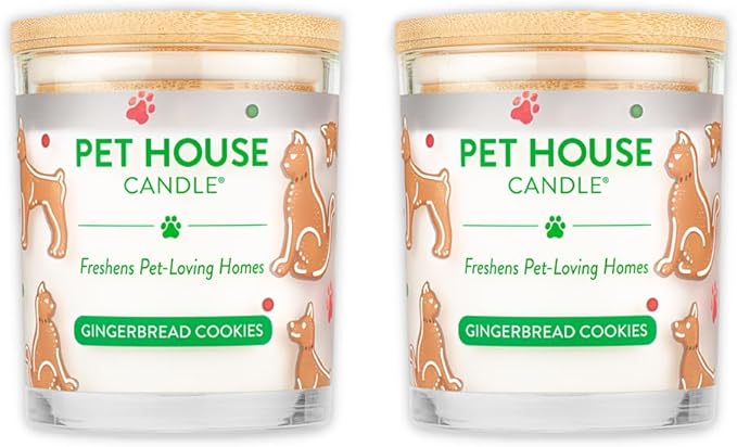 One Fur All Pet House Christmas Candles, Long Lasting, Clean Burning, Soy Wax Scented Pet Friendly Candles for Odor, Gingerbread Cookies, 2 Pack