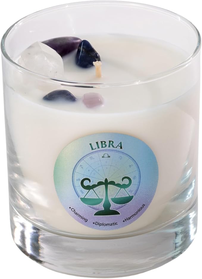 Luxury Glass Jar Candle, Libra Zodiac Sign, 8.8 oz - Crystal Infused - Scents of Marine, Rose, Cedar & Soft Musk - USA Made, Coconut-Soy Wax, Essential Oils, Dr. Developed