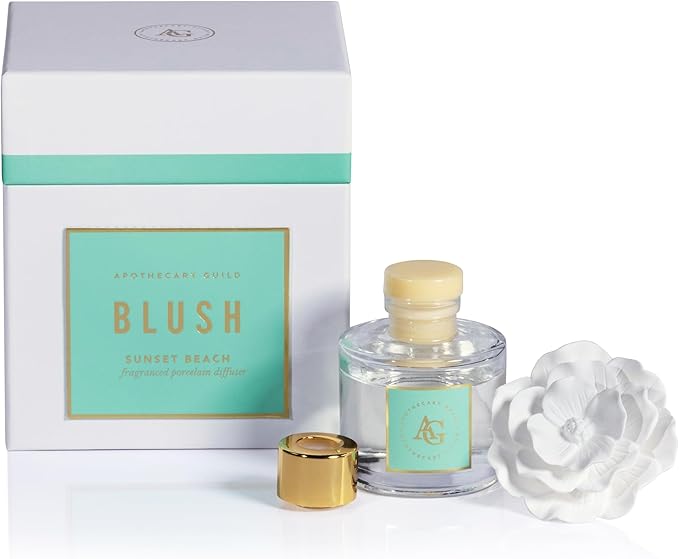Zodax Apothecary Guild Blush Porcelain Oil Diffuser - Home Fragrance Diffuser Ideal for Living Room, Bathroom, Office - Makes a Great Gift - Porcelain Flower Design - Sunset Beach - 1.69 Oz.