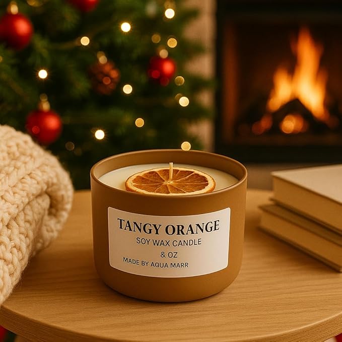 Aqua MARR Tangy Orange Soy Wax Candle, 8 oz, Handmade in Miami with Dried Orange Slice, Gold Metal Container
