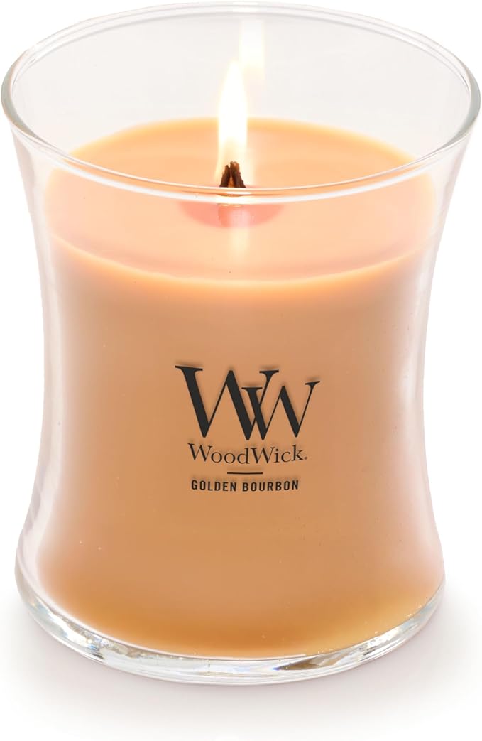 WoodWick Golden Bourbon Holiday Candle Gifts for Women and Men, 9.7 oz Medium Hourglass Candle with Crackling Wick