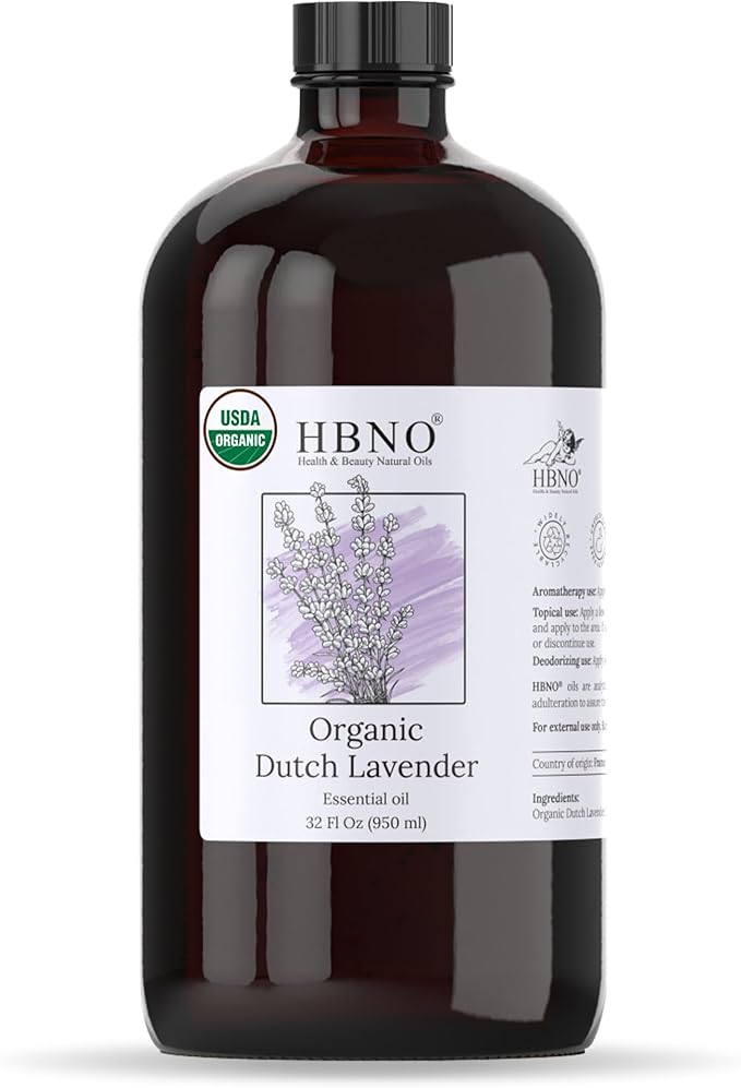 HBNO Organic Lavender Dutch Oil - 32 oz (950 ml) Large Size - Ideal for Shampoos, Conditioners, Mouth Washes, Face wash, Lotions, and Skin Care Products (Glass Bottle).