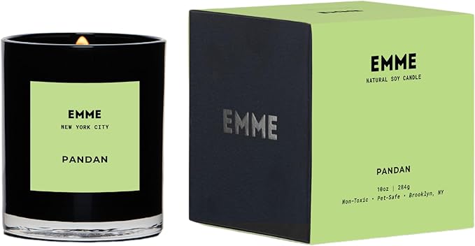 EMME NYC Scented Candle Jar - Black Glass, Soy, Natural, Non-Toxic, Pet-Safe, Up to 60 Hours Burn Time, Wood Wick, Strong Scent, Cruelty-Free, 10 oz - Best Smelling Scented Candles (Pandan)