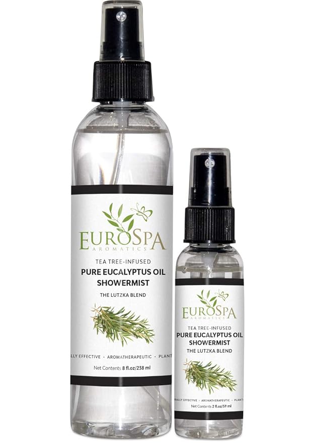 EuroSpa Aromatics Pure Eucalyptus Oil ShowerMist and Steam Room Spray, All-Natural Premium Aromatherapy Essential Oils - Tea Tree Infused, Duo Pack, 8oz and 2oz