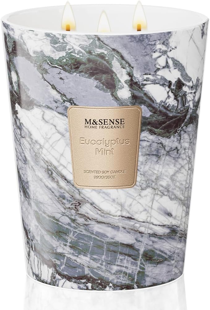 M&SENSE Extra Large Candle 35oz 150H EucalyptusMint Scented Candle, 3 Wick Highly Scented Jar Candle, XL Candles Gift for Stress Relief, Meditation, Yoga