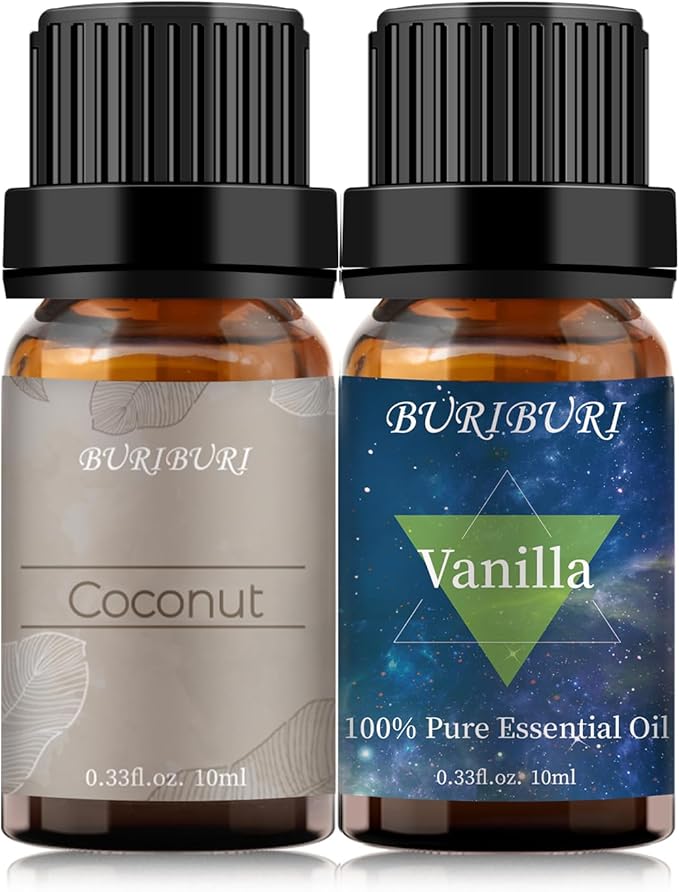 BURIBURI Vanilla Essential Oil and Coconut Oil Essential Oil, 2Pack Essential Oil Set, 100% Pure, Natural Essential Oils 10ml for Diffusers, Masage, Candle Making Soap Making
