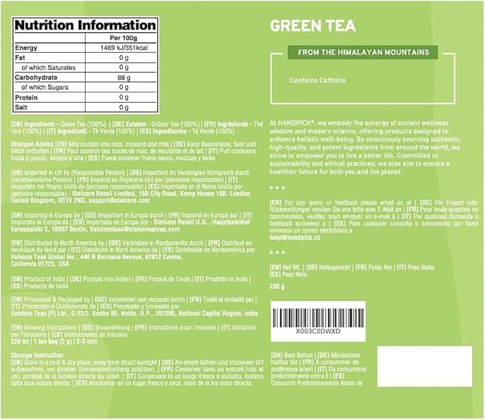 HANDPICK, Organic Green Tea Bags - 100 Eco-Friendly Tea Bags | USDA Organic | Resealable Pack for Freshness | Delicate & Flavory | Direct From India