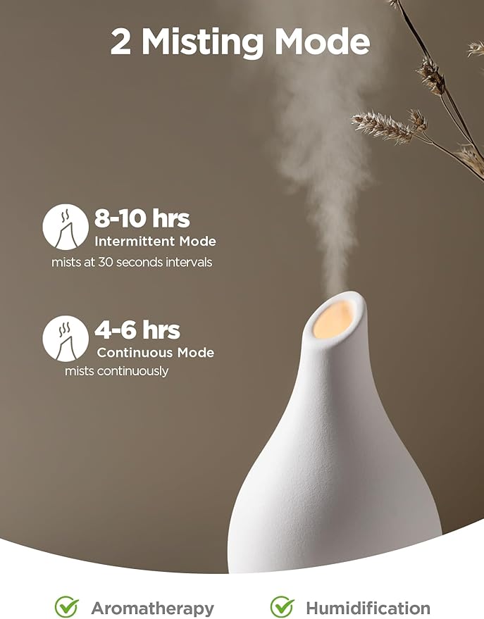 InnoGear Essential Oil Diffuser, 150ml Ceramic Diffuser Handcrafted Stone Aromatherapy Diffusers Ultrasonic Cool Mist Humidifier Vaporizer 2 Mist Modes Waterless for Home, White Vase-Shaped Ceramic